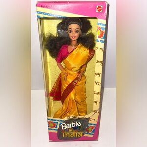 Brunette Barbie In India in Yellow Sari NRFB by Leo Mattel 1996